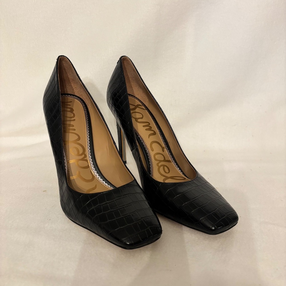 Sam Edelman Black Croc Embossed Leather Square Toe Stiletto Pumps Size 10